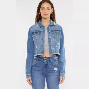 Women's Light Blue <b>Cropped</b> Distressed <b>Denim</b> <b>Jacket</b> Button Closure Long Sleeve Slim Fit Casual Jean <b>Jacket</b> Spring Autumn Wear - Product Image 1