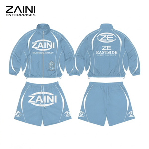 ชุดเซ็ตเสื้อแจ็คเก็ตกันลมและกางเกงขาสั้นสำหรับผู้ชาย ZAINI รุ่น Winter 300g ผลิตจากโพลีเอสเตอร์/ไนลอน สีฟ้าขาวล้วน แห้งเร็ว มีฮู้ด พร้อมสกรีนโลโก้ตามสั่ง - Product Image 1