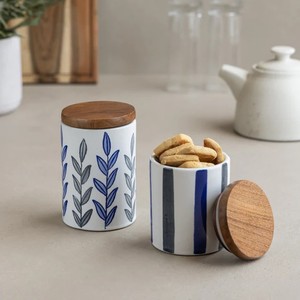 Luxury Ceramic <b>Snack</b> Storage Jar With Wooden Lid Airtight Kitchen <b>Container</b> Leaf Print Durable Stylish Multipurpose Use - Product Image 3