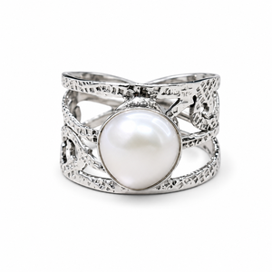 Bague de luxe personnalisée en argent sterling 925 avec perle blanche naturelle, bijou de cocktail, cadeau d'anniversaire de mariage - Product Image 1