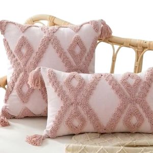 Cojines Decorativos Bohemios de Algodón Bordado con Patrón Geométrico, Rectangulares, Color Rosa, con Borlas, para Sala de Estar y Sofá - Product Image 4