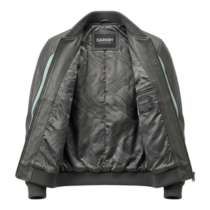 Chaqueta Bomber de Cuero Genuino para Hombre Darkry, Color Gris Carbón con Paneles Diagonales Color Óxido, Ribete Azul Cielo, Cierre de Cremallera, Estilo Urbano - Product Image 5