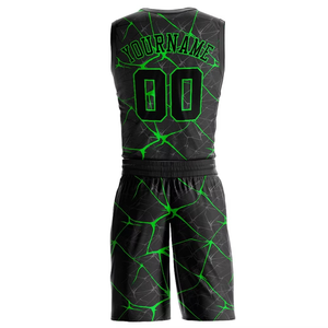 Conjunto de Uniforme de Baloncesto Personalizado Unisex, Negro y Verde con Patrón Agrietado, Sublimado, Absorbente de Humedad, Ajuste Atlético, Nombre del Equipo 00 - Product Image 2