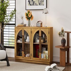 Credenza Grande in Quercia a 4 Ante con Porte in Vetro e Design con Pannelli in Legno di Quercia per Cucina e Sala da Pranzo - Product Image 1