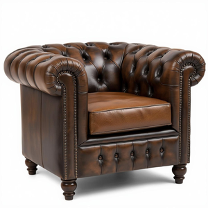 Fauteuil Chesterfield en cuir marron de style traditionnel avec accoudoirs roulés, fauteuil d'appoint de luxe pour salon - Product Image 1