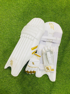 <b>Cricket</b> Batting Pads Leg Guards <b>White</b> Gold Royal Style Padded Leather Buckle Closure for Match Training 12+ Years - Product Image 3