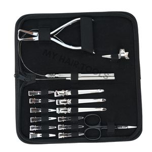 Kit d'outils pour extensions capillaires noir avec micro-perles, pince à sertir plate, outil à crochet, boucle de traction, pinces à cheveux pour séparation et sectionnement - Product Image 1