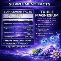 Suplemento Líquido Triple de Magnesio, Mezcla 3 en 1 de Magnesio, Apoyo para Músculos y Nervios, Energía, Alivio del Estrés, Recuperación
