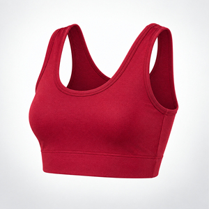 Sujetador deportivo rojo liso con cuello redondo y costuras, personalizado y a la moda para mujer, top de fitness con tirantes fijos para uso diario. - Product Image 1