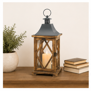 Farol de Madera Hecho a Mano con Patrón de Rejilla de Diamantes y Tapa de Metal, Farol Decorativo Vintage para Decoración de Jardín - Product Image 2