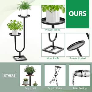 Support à plantes en métal à 2 niveaux en forme de U, support de pot de fleurs haut d'angle, étagère double pour pots ronds, pour décoration intérieure et extérieure - Product Image 6