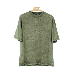 เสื้อยืดแขนสั้นผู้ชายผ้าฝ้ายฟอกทรงโอเวอร์ไซส์สีพื้นลำลองคอปกถักเสื้อฤดูร้อนสีเขียว - Product Image 1