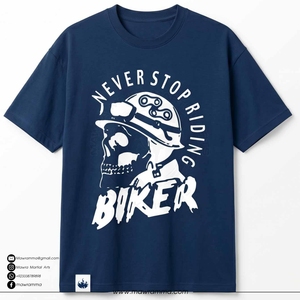 เสื้อยืดแขนสั้นสีน้ำเงินกรมท่าสำหรับผู้ชาย ทรงปกติ ผ้าฝ้ายเจอร์ซีย์ 100% พิมพ์ลายหัวกะโหลก คอกลม สไตล์นักขี่มอเตอร์ไซค์ - Product Image 3