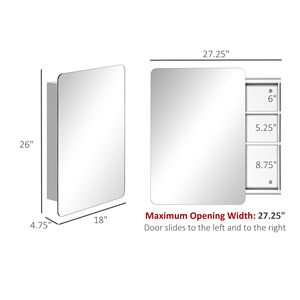 Organizzatore da Parete a Specchio in Acciaio Inox 18"x26" Armadietto a 3 Ripiani con Porta Scorrevole per Bagno - Product Image 3