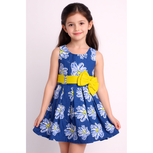 Royal Blue Girls Casual Cotton Woven Sleeveless Pleated <b>Dress</b> with <b>Daisy</b> <b>Print</b> & Contrast Bow - Product Image 1