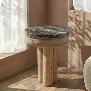 Modern Multi-functional Convertible Extendable Nightstand Bedside Holly Mango Wood Side Table with Cappuccino Marble - Product Image 1