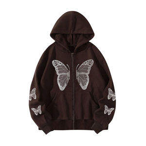 Sweat à capuche vert zippé avec imprimé papillon pailleté, coupe oversize, unisexe, décontracté, pour l'automne, en polaire, manches classiques - Product Image 3