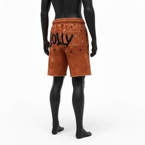 Shorts pour femmes en coton molletonné 300 GSM, effet délavé, tissu doux au toucher, marron vintage, avec logo personnalisé. - Product Image 5