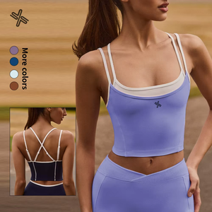 Soutien-gorge de sport sans coutures pour femme, bretelles croisées, encolure dégagée, bordure contrastante, respirant, pour yoga et entraînement, maintien moyen - Product Image 6