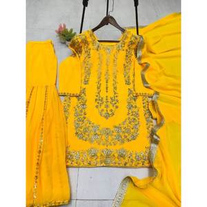 Salwar Kameez Amarillo de Poliéster de Diseño LG para Fiestas, Talla L, Top y Sharara con Dupatta - Product Image 5