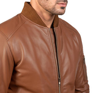 Chaqueta bomber de cuero marrón para hombre, con cuello y puños acanalados, corte ajustado, con cremallera, informal, de cuero genuino, impermeable. - Product Image 6