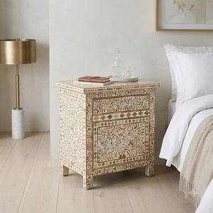 Decorative Bone Inlay Modern Nightstand with Floral Pattern and 1 Drawer Storage <b>Cabinet</b> for Bedroom - Product Image 4