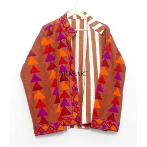 Veste matelassée en cotisse brodée de fleurs avec boutons, doublure rayée en coton, faite à la main, style hiver-automne, séchage rapide, pour soirée - Product Image 6