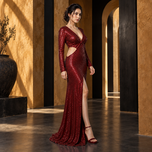 Robe de soirée moulante en sequins bordeaux |   Robe de soirée longue à col rond et manches courtes, avec découpes latérales et fente haute sur le devant, glamour, 100% - Product Image 3