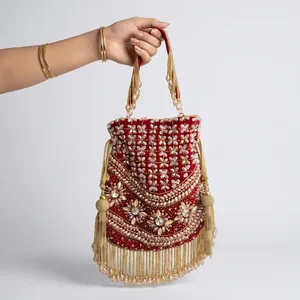 Handmade Silk Embroidered Bridal <b>Handbag</b> <b>Red</b> Floral Pattern Pearl Tassel Drawstring Purse Wedding Potli Bag - Product Image 1