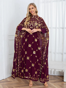 Elegante Vestido Largo de Gasa Bordado para Mujer, Cuello Redondo, Manga Tres Cuartos, Estampado Floral, Corte Regular, Otoño, Seda - Product Image 1