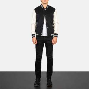 Men's Black And <b>White</b> Varsity <b>Jacket</b> Stand Collar Button Closure Casual Autumn Wear Regular Fit Polyester Cotton Blend - Product Image 5