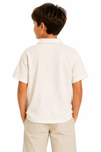 Kids Beige Textured Shirt Casual Short Sleeve Button Down Top Premium Quality Cotton Blend Shirt Stylish Collared Design Soft - Product Image 3