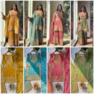 Ensemble de soirée et de mariage parfait : Ensemble de cordes croustillantes de créateur avec haut brodé de sequins, palazzo et dupatta – Tenue ethnique élégante pour femme - Product Image 5