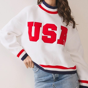Women's USA Letter Print Crew Neck Sweatshirt Oversized Long Sleeve Knitted Pullover Blue Red White Trim Autumn Wear - Product Image 6