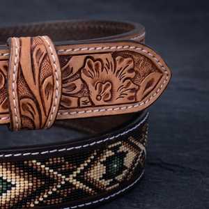 <b>Western</b> Embroidered Leather <b>Belt</b> With Floral Pattern And Silver Buckle Casual Cowboy Style Durable Handcrafted <b>Belt</b> - Product Image 3