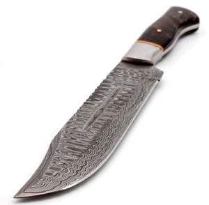 Cuchillo de caza artesanal de acero de Damasco para exteriores con funda de cuero y mango de madera oscura - Product Image 6