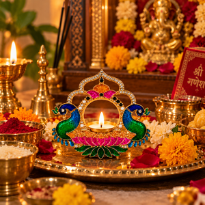 Diya en laiton à double motif paon et travail miroir pour la décoration de la maison à Diwali, la décoration festive de la Puja et les cadeaux traditionnels indiens pour Diwali ! - Product Image 4