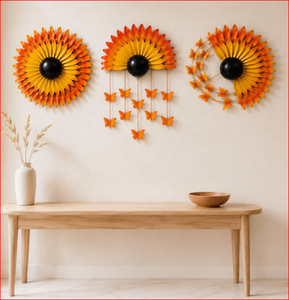 Juego de 3 adornos de pared de hierro con diseño de girasol y mariposa, decoración floral 3D moderna de 13 pulgadas de diámetro con centro desmontable multicolor - Product Image 1
