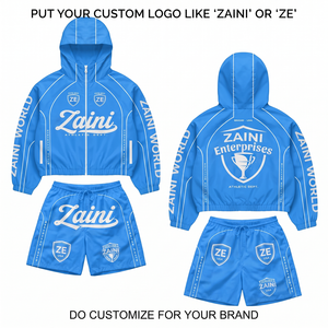 Conjunto Corto Cortavientos de Poliéster Taslan Ligero de 110 GSM con Paneles en Contraste Azul y Blanco, Ropa con Logotipo Impreso Personalizado - Product Image 1