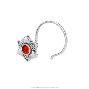 Piercing de nez en argent sterling 925 avec grenat serti en forme de fleur, style indien, tendance, pour usage quotidien, cadeau de mariage pour femme - Product Image 3