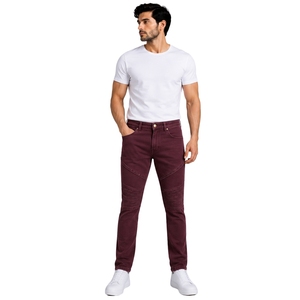 Custom Burgundy <b>Men</b> Slim Fit Biker Jeans Stretch Denim Pants Ribbed Knee Detail Casual Streetwear Fashion <b>Trousers</b> With Pockets - Product Image 1