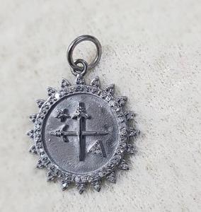 Colgante Cruzado con Diseño de Rayos de Sol, Plata de Ley 925, Diamante Natural de Corte Único, Chapado en Rodio Negro Vintage, 24x24MM - Product Image 1