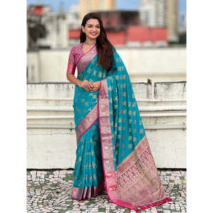 Sari en soie douce bleu ciel Elite Weaves, tissé en zari, ikkat patola, avec des tissages contrastés, robes de soirée élégantes, 600g - Product Image 6