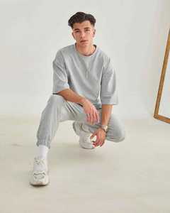 Conjunto Deportivo Informal para Hombre, Gris, de Algodón, Manga Tres Cuartos, Cuello Redondo, Corte Holgado, Color Sólido, Cintura Elástica - Product Image 1