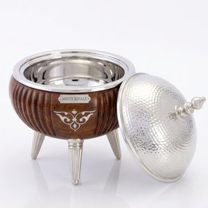 Elegante calentador de alimentos de madera estriada estilo Majlis con detalles plateados tradicionales, tipo chafing dish para Ramadán, utensilio de servicio tipo hotpot, duradero, para el mercado del Golfo, al por mayor - Product Image 3