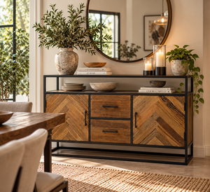 Buffet en bois d'orme industriel avec structure métallique, motif en chevrons, armoire de rangement pour salle à manger - Product Image 1