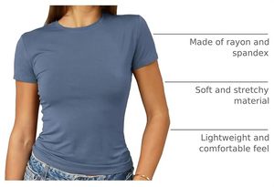 Women's Light Blue Crew Neck Short Sleeve Slim Fit Cotton Jersey T-Shirt Casual Solid Color Breathable All Seasons Top - Product Image 3