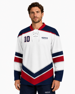 Camiseta de hockey sobre hielo para hombre, sublimada, personalizada, en blanco, azul marino y rojo, con cuello con cordones y nombre y número personalizados. - Product Image 6