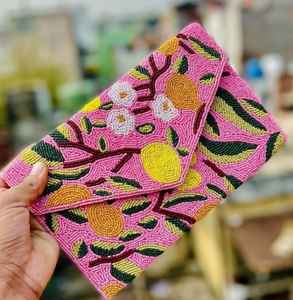 Handmade Pink Green Beaded Clutch Bag Tropical Leaf Pattern Crossbody Purse Glass Seed Bead Envelope Handbag Women Party <b>Wallets</b> - Product Image 2