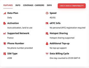 eSIM de Voyage en France les mieux notées : Données 4G/5G, Internet Mobile Haute Vitesse, Livraison Instantanée par Code QR et Activation Facile - Product Image 2